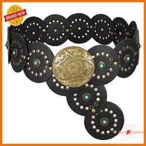 Western PU Leather Belt Wide Concho Buckle Adjustable Cowgirl Style